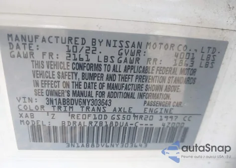 2022 Nissan Sentra Sr Xtronic Cvt z USA, uszkodzony, nr VIN 3N1AB8DV6NY303643